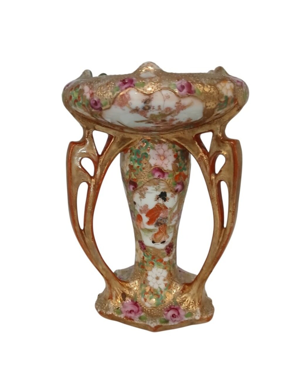 Rare Japanese Satsuma Revival Posy Vase Gilt & Hand Painted Scenes, c.1900–1920
